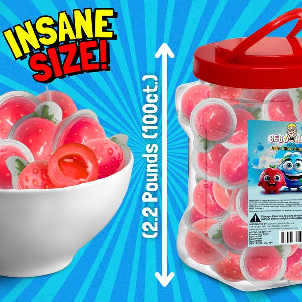 Bulk Candy 100ct Party Tub - Bebo Head Strawberry Jelly Filled Gummies - Case of 8
