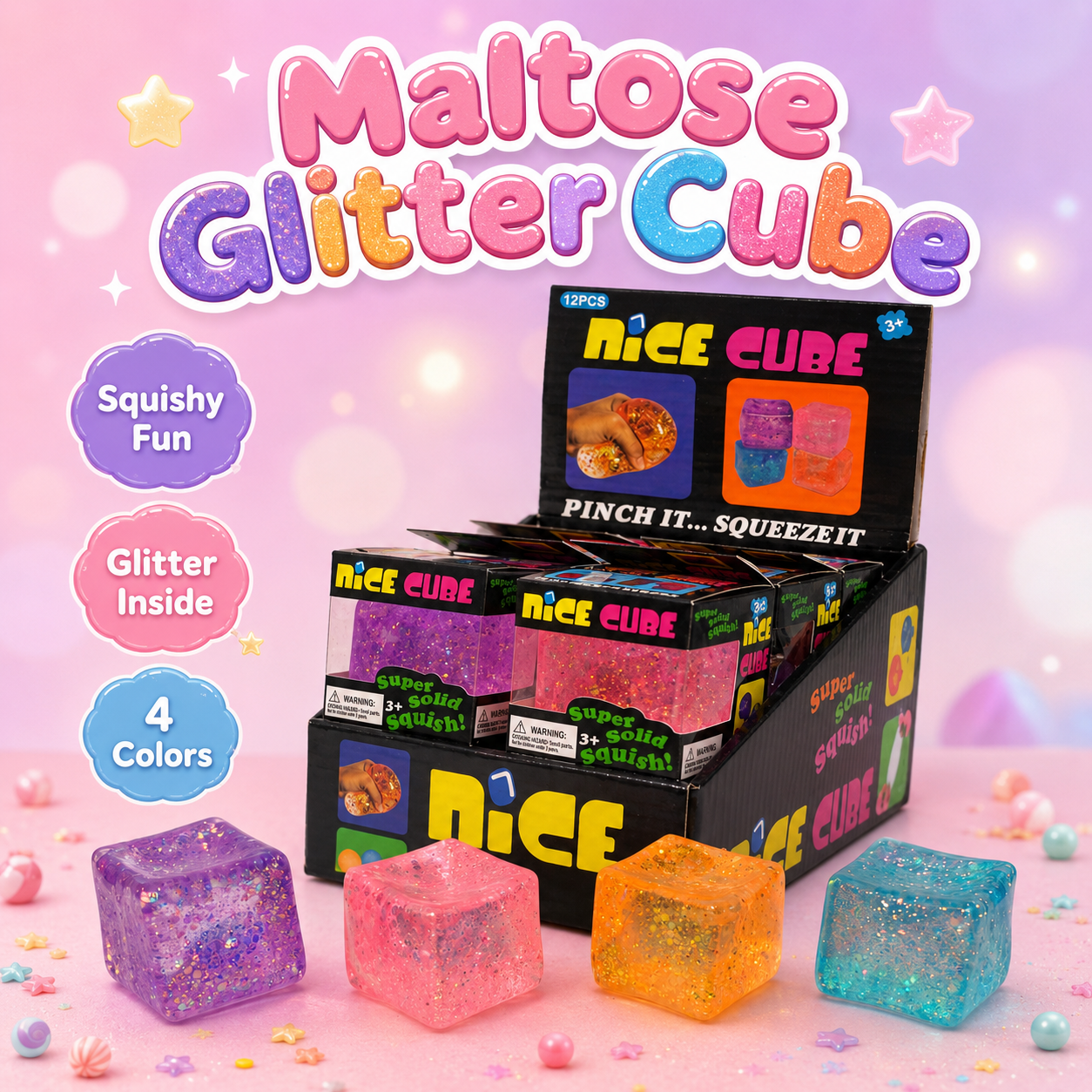 Maltose Squishy - Glitter Cube – 12 pcs