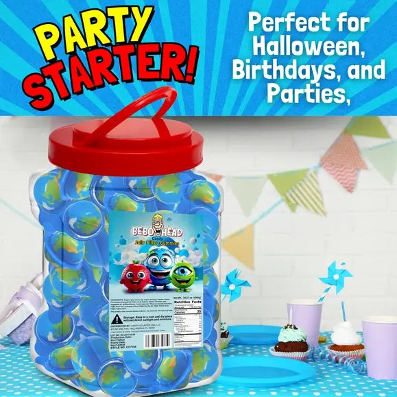 Bulk Candy 100ct Party Tub - Bebo Head Globe Jelly Filled Gummies - Case of 8