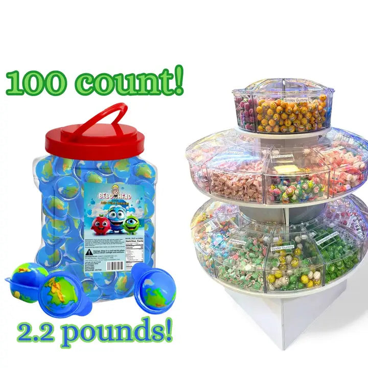 Bulk Candy 100ct Party Tub - Bebo Head Globe Jelly Filled Gummies - Case of 8