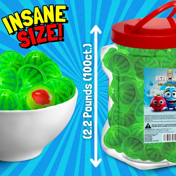 Bulk Candy 100ct Party Tub - Bebo Head Watermelon Jelly Filled Gummies - Case of 8
