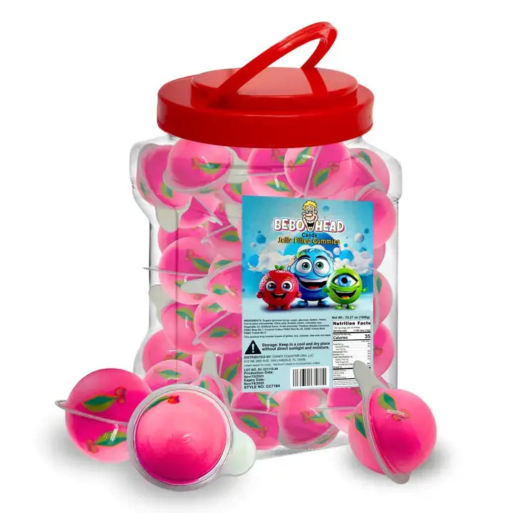 Bulk Candy 100ct Party Tub - Bebo Head Cherry Jelly Filled Gummies - Case of 8