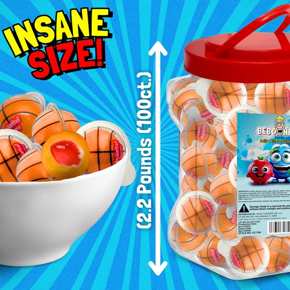 Bulk Candy 100ct Party Tub - Bebo Head Basketball Jelly Filled Gummies - Case of 8