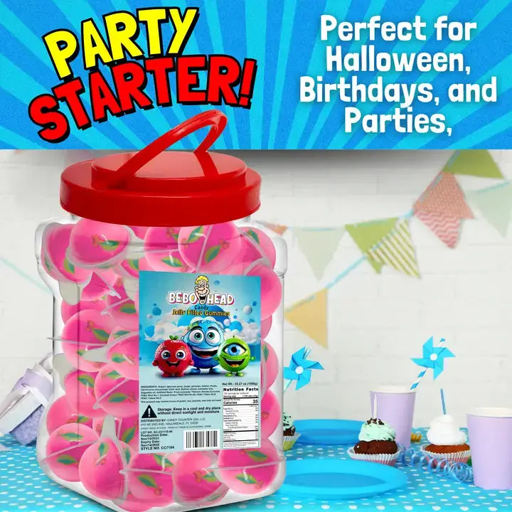 Bulk Candy 100ct Party Tub - Bebo Head Cherry Jelly Filled Gummies - Case of 8