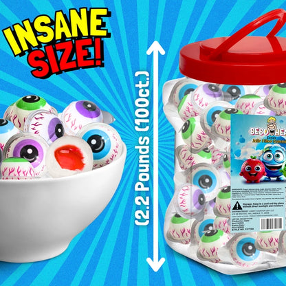 Bulk Candy 100ct Party Tub - Bebo Head Eye Balls Jelly Filled Gummies - Case of 8