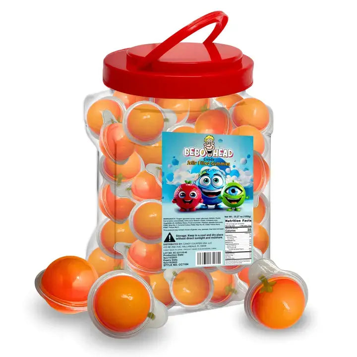 Bulk Candy 100ct Party Tub -   Bebo Head Orange Jelly Filled Gummies - Case of 8