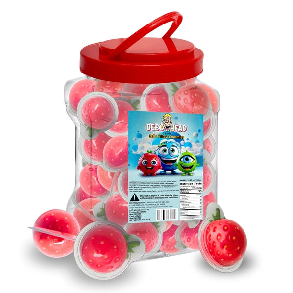 Bulk Candy 100ct Party Tub - Bebo Head Strawberry Jelly Filled Gummies - Case of 8