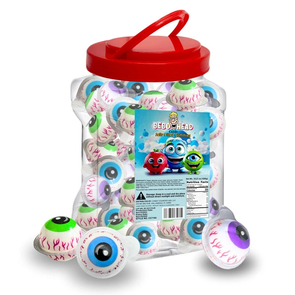 Bulk Candy 100ct Party Tub - Bebo Head Eye Balls Jelly Filled Gummies - Case of 8