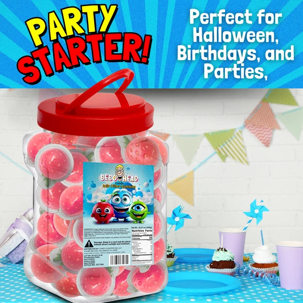 Bulk Candy 100ct Party Tub - Bebo Head Strawberry Jelly Filled Gummies - Case of 8