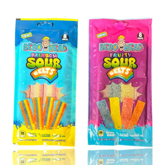 Bebo Head Sour Belts - Rainbow and Fruity Flavors Case of 30