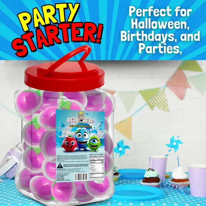 Bulk Candy 100ct Party Tub - Bebo Head Grape Jelly Filled Gummies - Case of 8